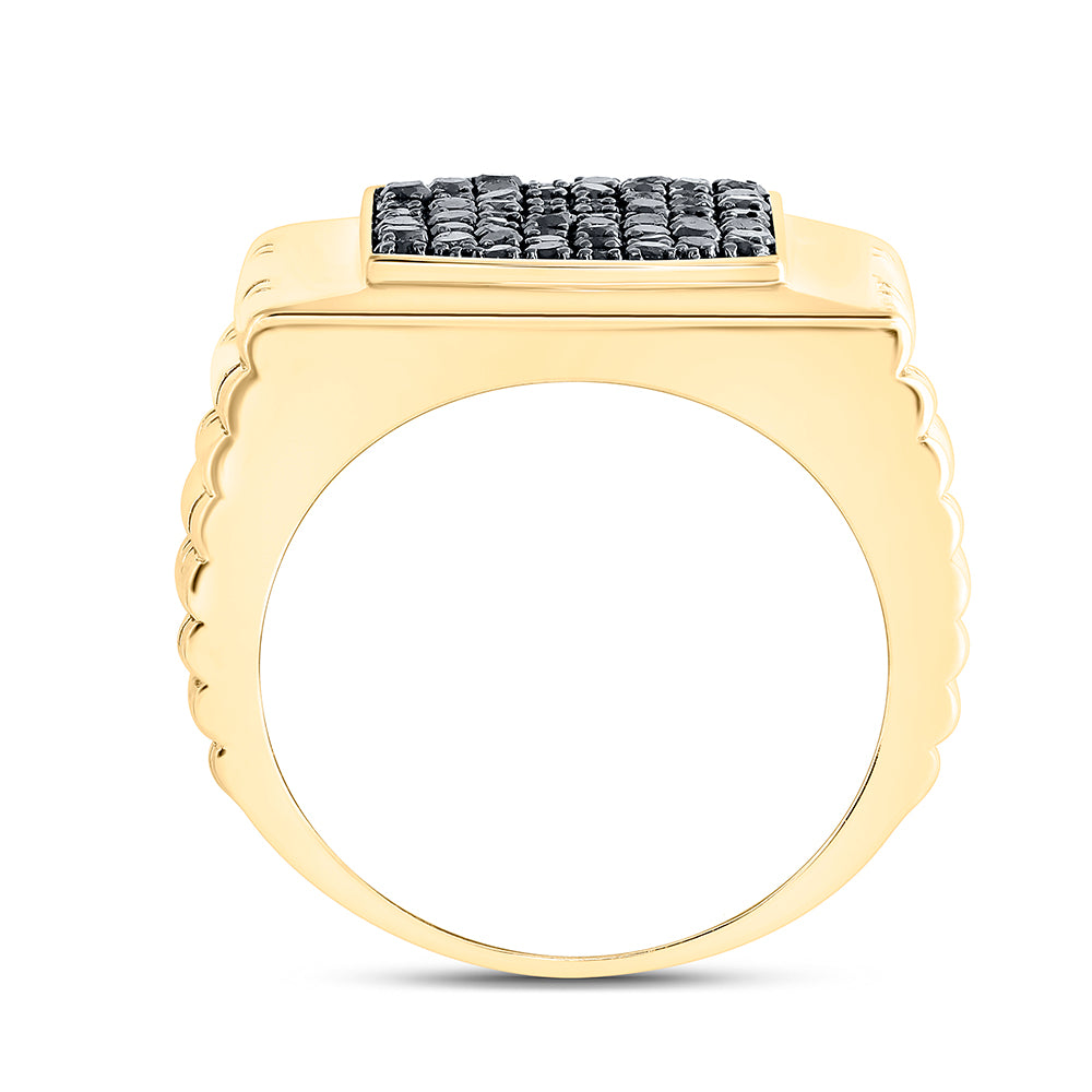 10K Yellow Gold Mens Round Black Color Treated Diamond Square Ring 1-1/2 Cttw, Mens Size: 7-13