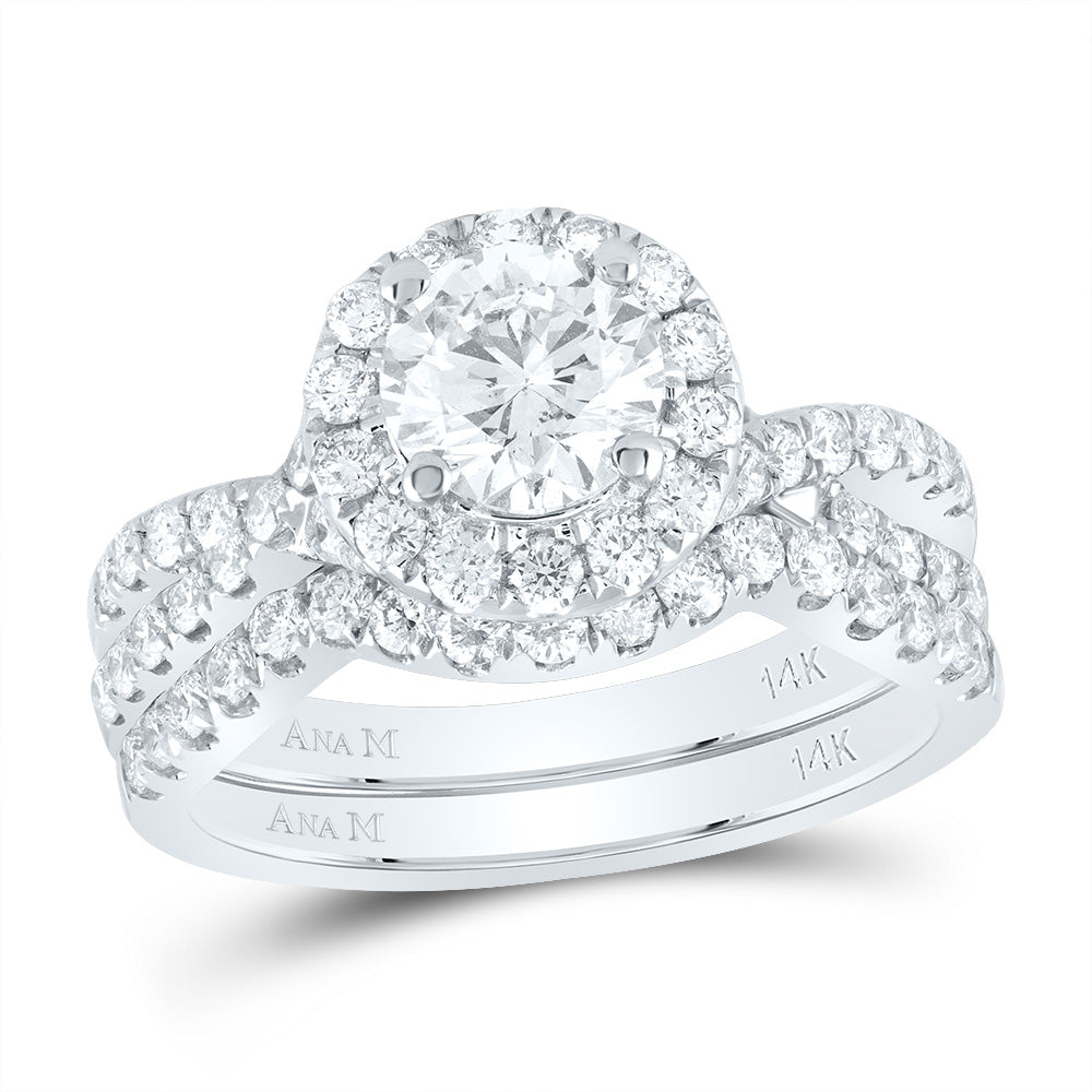 14kt White Gold 2 Cttw Diamond Ana M and 1 Cttw Round Wedding Engagement Anniversary Bridal Set 1 Halo, Women Size: 5-9
