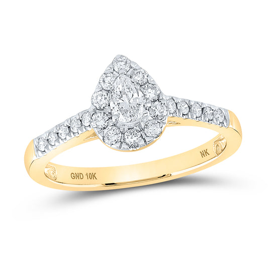 10kt Yellow Gold 1/2 Cttw Diamond and 1/5 Cttw Pear Single Halo Wedding Engagement Anniversary Ring, Women Size: 5-9