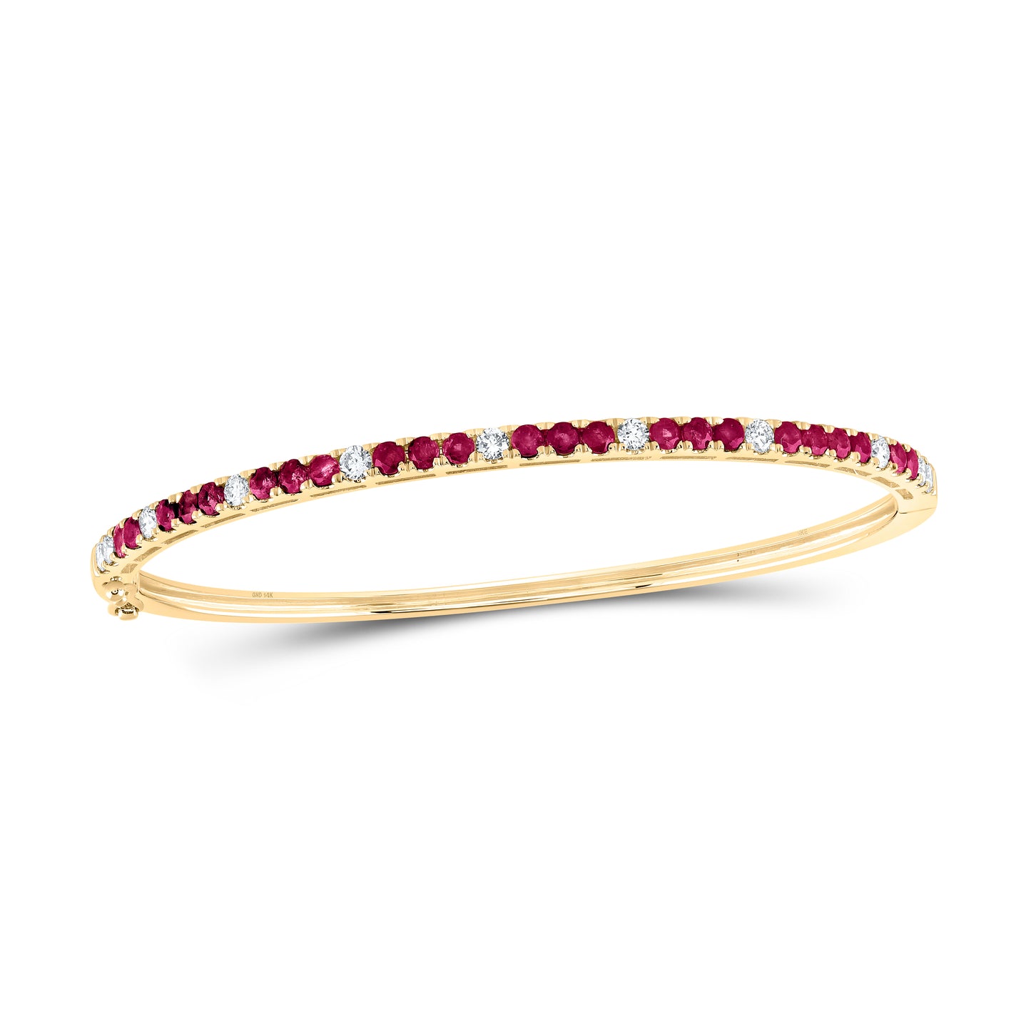 14K Yellow Gold 5/8Ctw Natural Diamond 1 3/8 Cttw Round Ruby Bangle