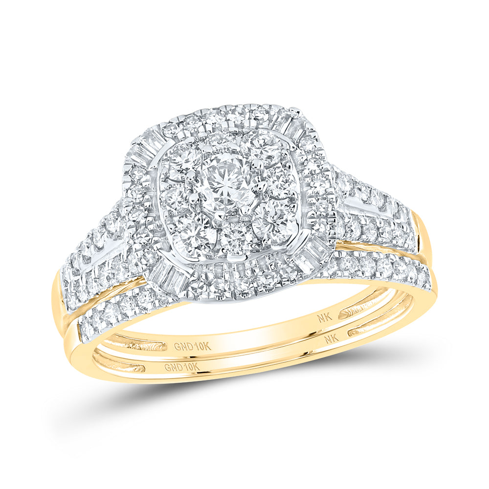 10kt Yellow Gold 1 Cttw Natural Diamond and 1/5 Cttw Round Duoble Halo Wedding Engagement Anniversary Bridal Set, Women Size: 5-9