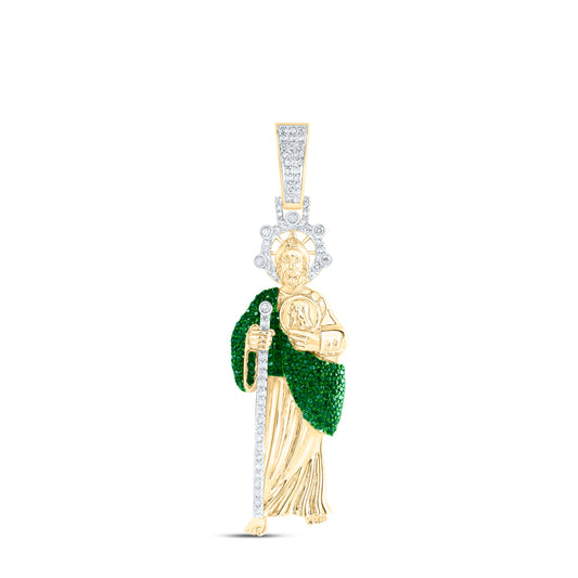 10kt Yellow Gold 1/2 Cttw Diamond and 1 Cttw Emerald St Jude Mens Pendant