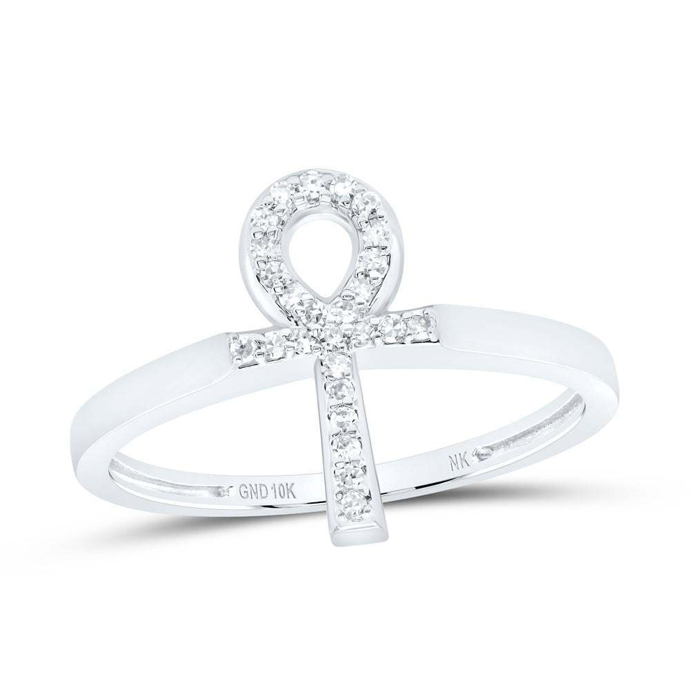 10kt White Gold 1/10 Cttw Diamond Ankh Wedding Engagement Anniversary Cross Ring, Women Size: 5-9