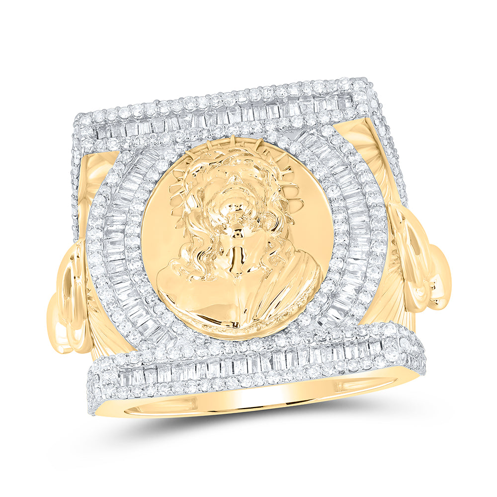 10kt Yellow Gold 1 3/4 Cttw Diamond Jesus Mens Ring, Men Size: 8-12