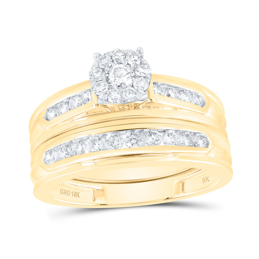 10K Yellow Gold 1 Ctw Natural Diamond Round Shape Trio Set, Womens Size: 5-9, Mens Size: 8-12