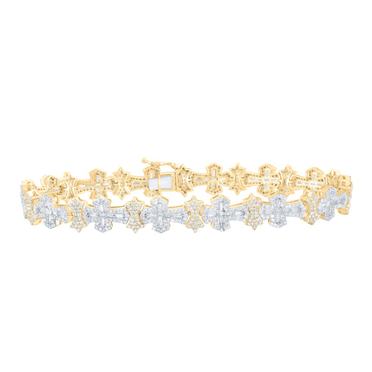 10k Yellow White Gold 5 Cttw Diamond Cross Mens Bracelet, Length: 8.5 Inch