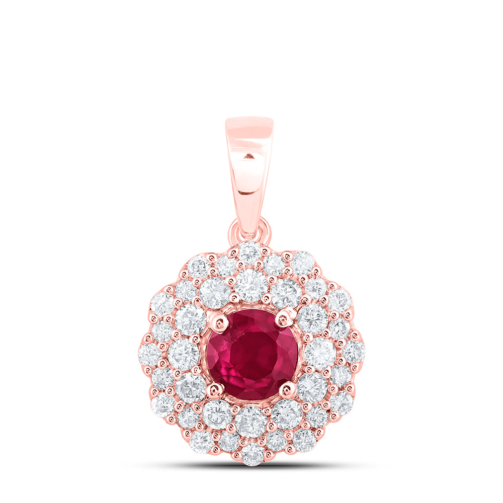 14K Rose Gold 1/4Ctw Natural Diamond Ana M 4.00Mm Round Ruby Natural Gem Pendant