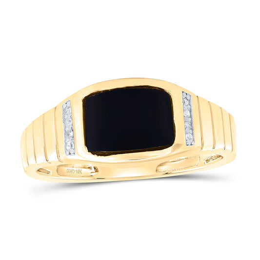 10kt Yellow Gold 1/20 Cttw Diamond -9x7 Mm-rectangle Onyx Black Mens Ring, Men Size: 8-12
