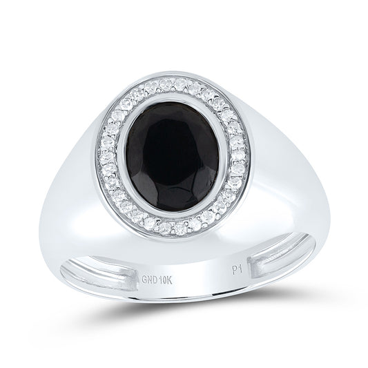 10kt White Gold 1/6 Cttw Diamond -9x7 Mm- Oval Onyx Black Mens Ring, Men Size: 8-12