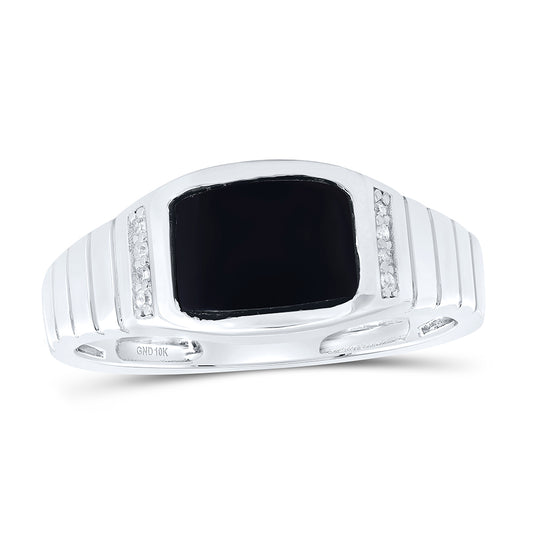 10kt White Gold 1/20 Cttw Diamond -9x7 Mm-rectangle Onyx Black Mens Ring, Men Size: 8-12