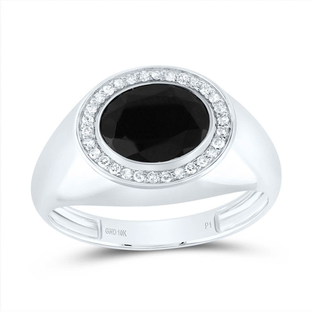 10kt White Gold 1/6 Cttw Diamond -10x8 Mm-oval Onyx Black Mens Ring, Men Size: 8-12