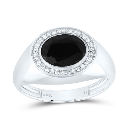 10kt White Gold 1/6 Cttw Diamond -10x8 Mm-oval Onyx Black Mens Ring, Men Size: 8-12