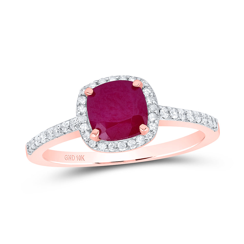 10kt Rose Gold 1/5 Cttw Diamond 6.10 Mm Cushion Ruby Synthetic Wedding Engagement Anniversary Ring, Women Size: 5-9