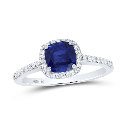10kt White Gold 1/5 Cttw Diamond 6.10 Mm Cushion Blue Sapphire Synthetic Wedding Engagement Anniversary Ring, Women Size: 5-9