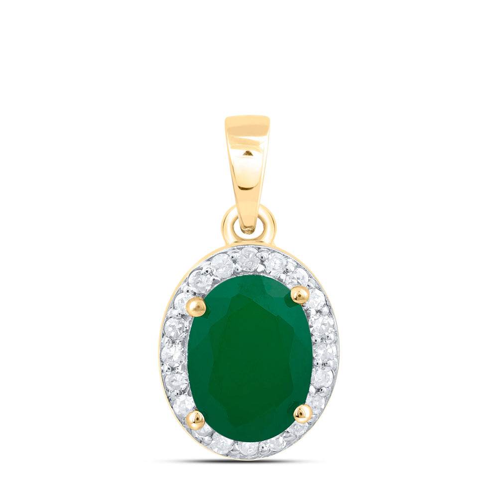 10kt Yellow Gold 1/6 Cttw Diamond 8 X 6 Mm Oval Emerald Synthetic Pendant