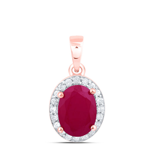 10kt Rose Gold 1/6 Cttw Diamond 8 X 6 Mm Oval Ruby Synthetic Pendant
