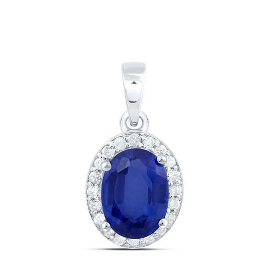 10kt White Gold 1/6 Cttw Diamond 8 X 6 Mm Oval Blue Sapphire Synthetic Pendant