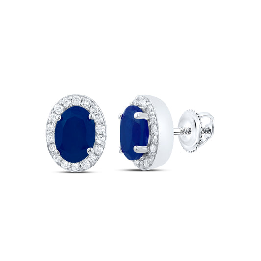 10kt White Gold 1/4 Cttw Diamond 6.50 X 4.50 Mm Oval Blue Sapphire Synthetic Oval Earring