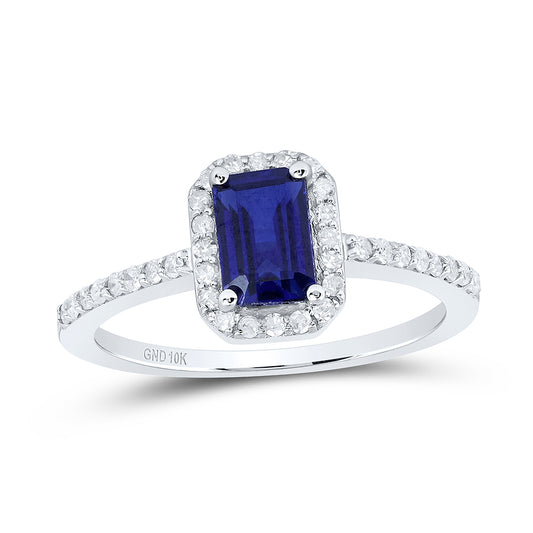 10kt White Gold 1/4 Cttw Diamond 6.70 X 4.50 Mm-em Blue Sapphire Synthetic Wedding Engagement Anniversary Ring, Women Size: 5-9