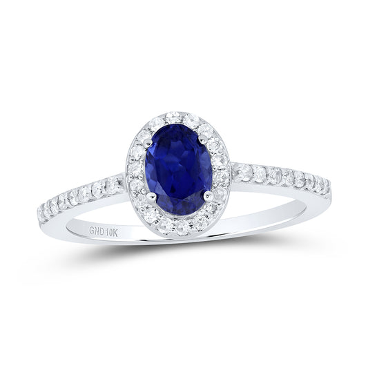 10kt White Gold 1/4 Cttw Diamond 6.50 X 4.50 Mm Oval Blue Sapphire Synthetic Wedding Engagement Anniversary Ring, Women Size: 5-9