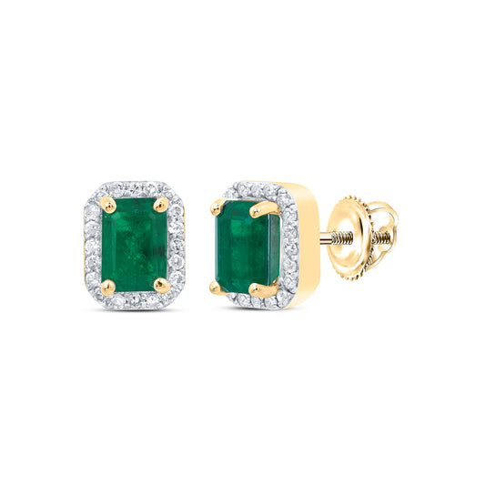 10kt Yellow Gold 1/4 Cttw Diamond 6.70 X 4.50 Mm Emerald Shape Emerald Synthetic Emerald Earring