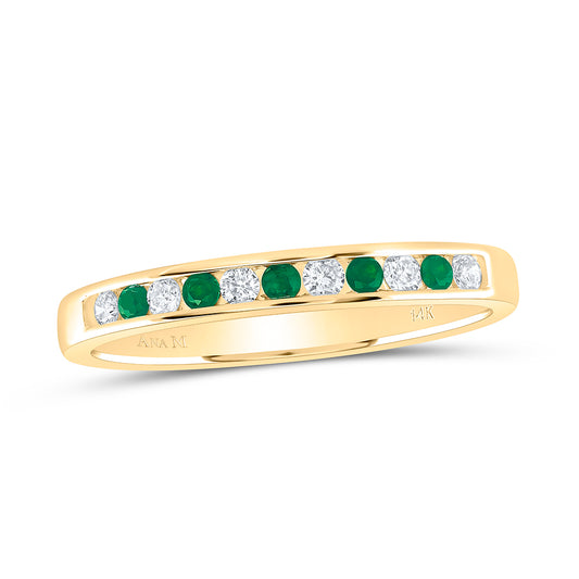 14kt Yellow Gold 1/8 Cttw Diamond Ana M and 1/10 Cttw Round Emerald Natural Wedding Engagement Gem Band, Women Size: 5-9