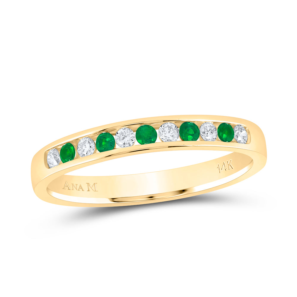 14kt Yellow Gold 1/8 Cttw Diamond Ana M and 1/5 Cttw Round Emerald Natural Wedding Engagement Gem Band, Women Size: 5-9