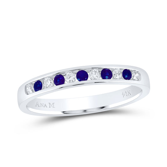 14kt White Gold 1/8 Cttw Diamond Ana M and 1/8 Cttw Round Blue Sapphire Natural Wedding Engagement Gem Band, Women Size: 5-9