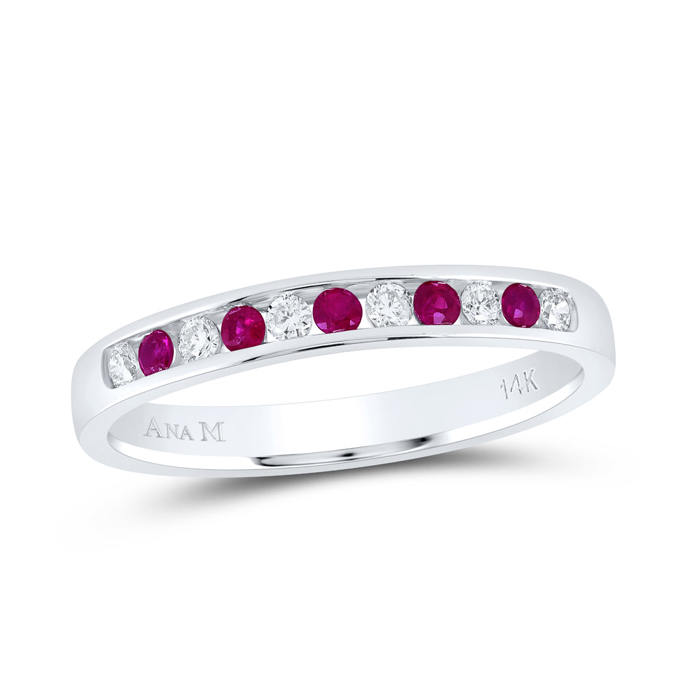 14K White Gold 1/8 Cttw Natural Diamond Ana M 1/6 Cttw Round Ruby Natural Gem Band