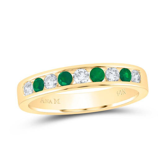 14kt Yellow Gold 1/4 Cttw Diamond Ana M and 1/4 Cttw Round Emerald Natural Wedding Engagement Gem Band, Women Size: 5-9