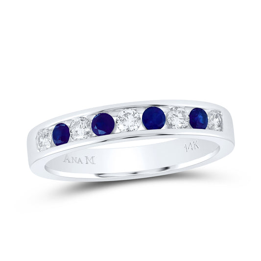 14kt White Gold 1/4 Cttw Diamond Ana M and 1/4 Cttw Round Blue Sapphire Natural Wedding Engagement Gem Band, Women Size: 5-9