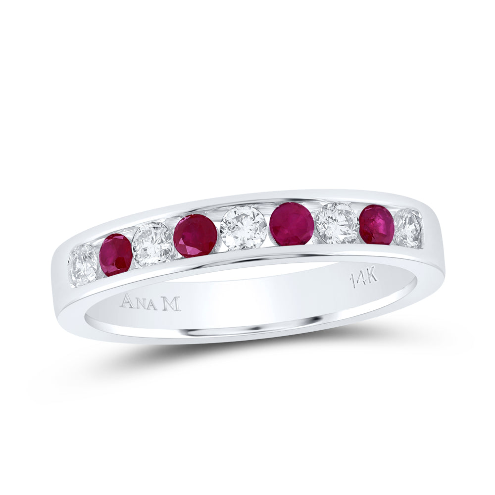 14kt White Gold 1/4 Cttw Diamond Ana M and 1/4 Cttw Round Ruby Natural Wedding Engagement Gem Band, Women Size: 5-9