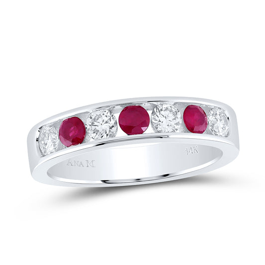 14kt White Gold 1/2 Cttw Diamond Ana M and 1/2 Cttw Round Ruby Natural Wedding Engagement Gem Band, Women Size: 5-9