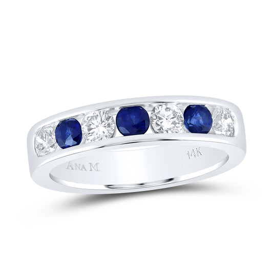 14kt White Gold 5/8 Cttw Diamond Ana M and 1/2 Cttw Round Blue Sapphire Natural Wedding Engagement Gem Band, Women Size: 5-9