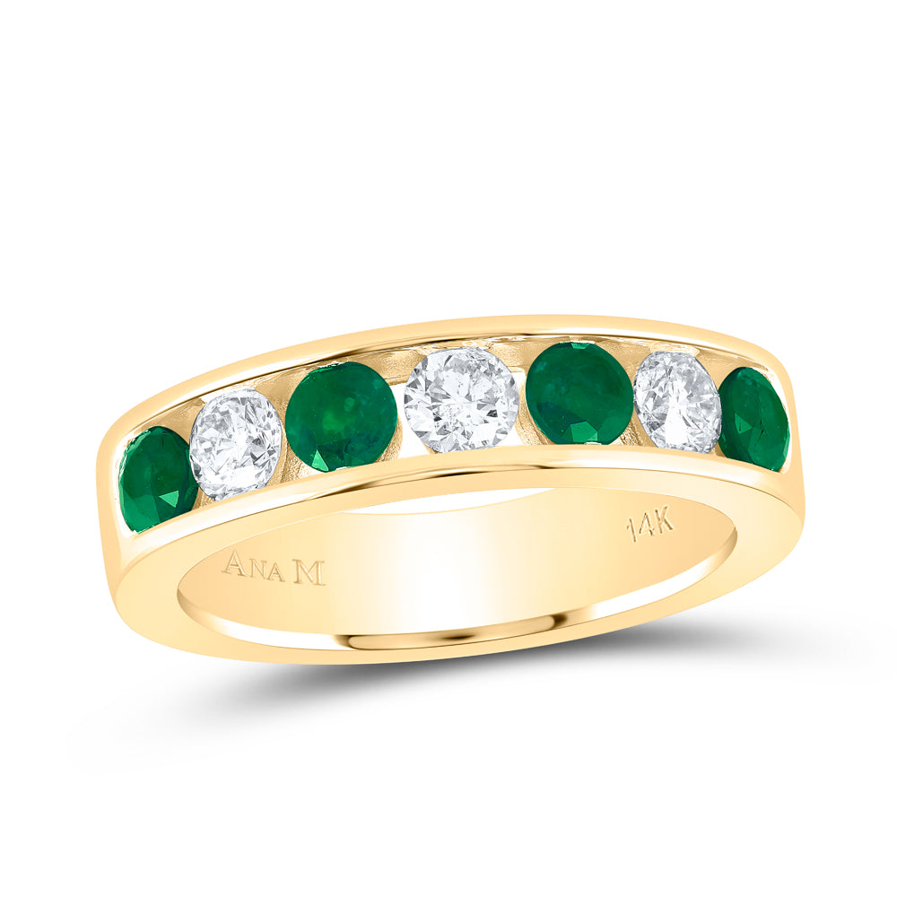 14kt Yellow Gold 1/2 Cttw Diamond Ana M and 1 Cttw Round Emerald Natural Wedding Engagement Gem Band, Women Size: 5-9