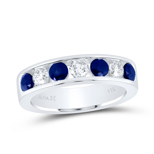 14kt White Gold 1/2 Cttw Diamond Ana M and 1 Cttw Round Blue Sapphire Natural Wedding Engagement Gem Band, Women Size: 5-9