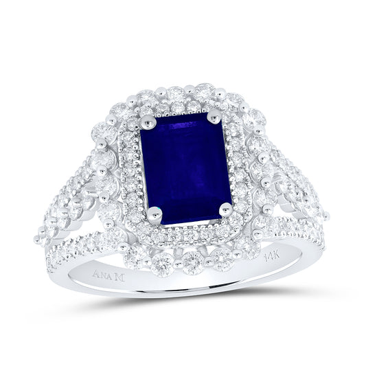 14kt White Gold 1 Cttw Diamond Ana M 8x6 Mm Blue Sapphire Emerald Natural Wedding Engagement Anniversary Gem Ring, Women Size: 5-9