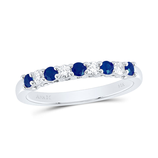 14kt White Gold 1/6 Cttw Diamond Ana M and 1/4 Cttw Round Blue Sapphire Natural Wedding Engagement Gem Band, Women Size: 5-9