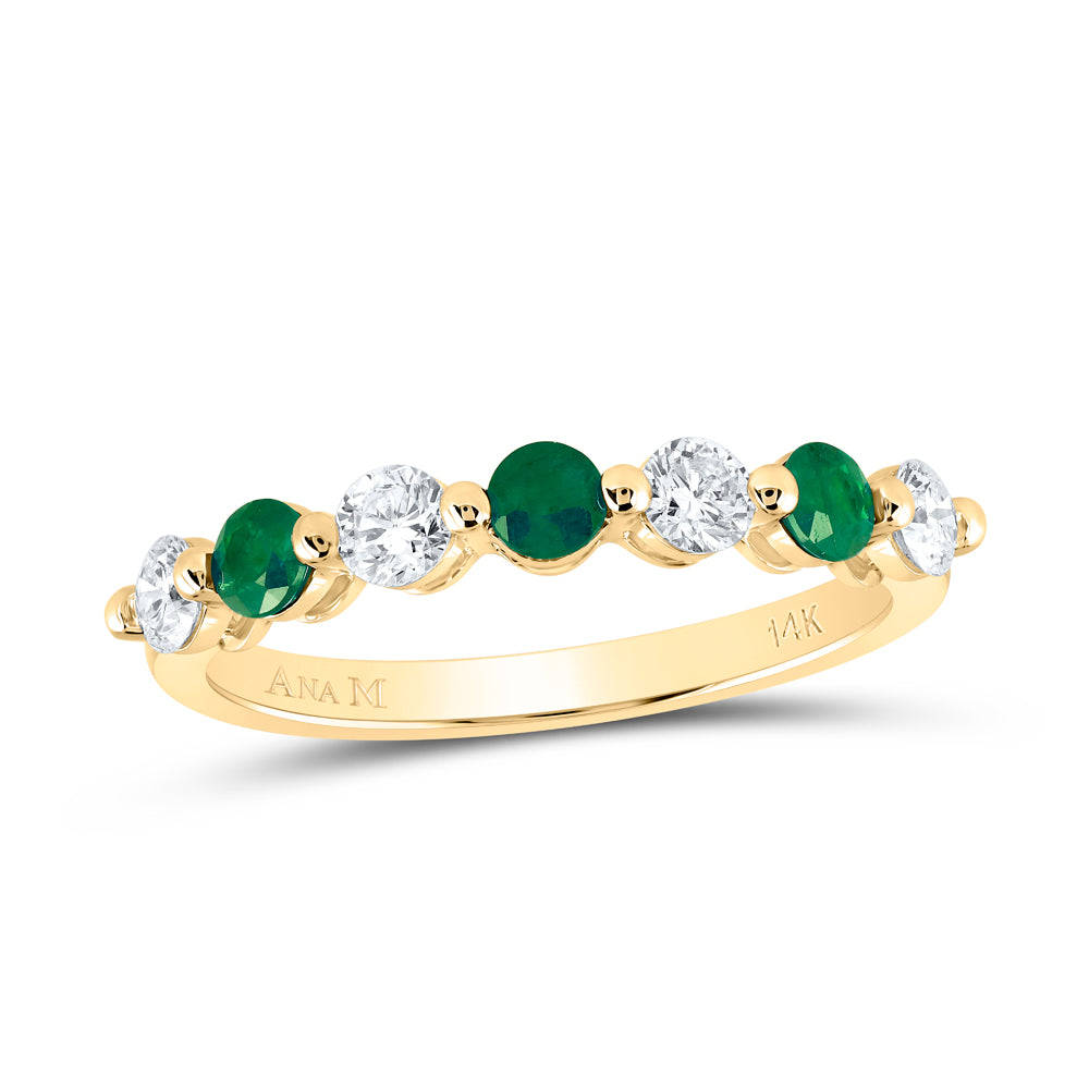 14kt Yellow Gold 3/8 Cttw Diamond Ana M and 1/3 Cttw Round Emerald Natural Wedding Engagement Gem Band, Women Size: 5-9