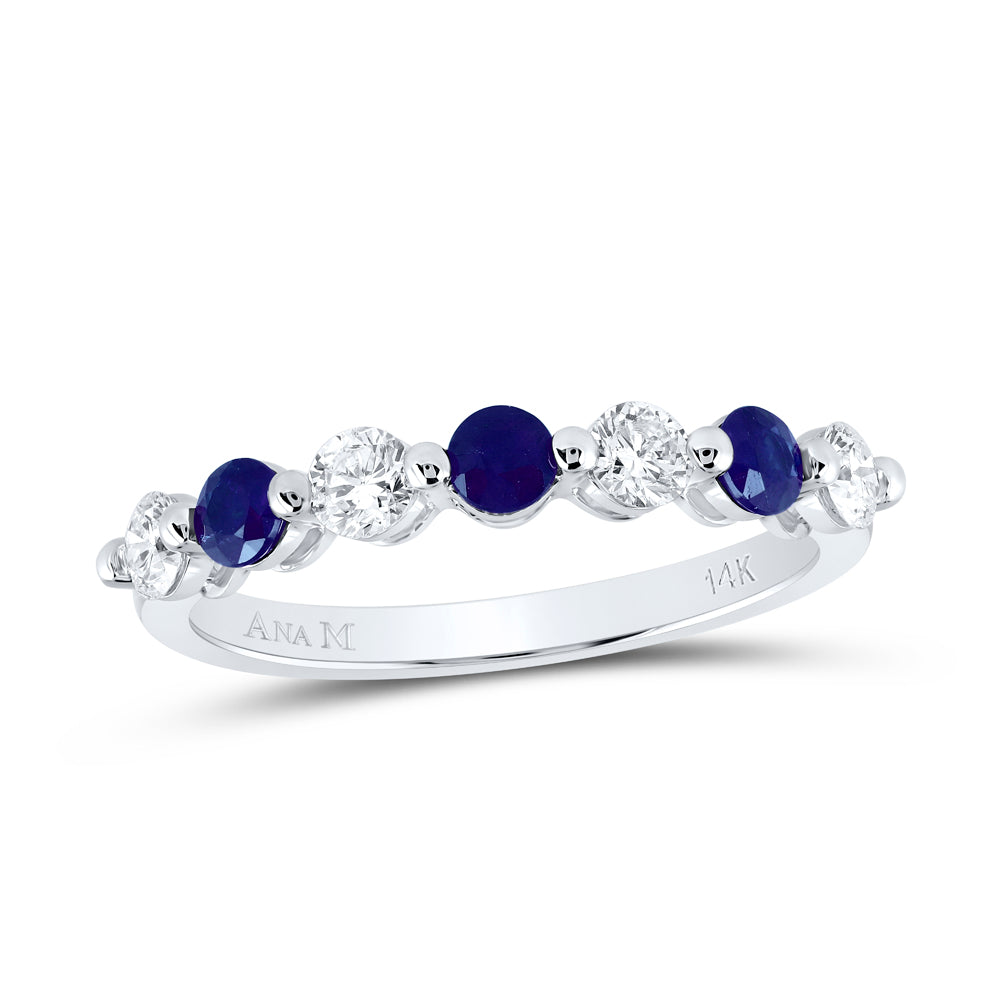 14kt White Gold 3/8 Cttw Diamond Ana M and 1/2 Cttw Round Blue Sapphire Natural Wedding Engagement Gem Band, Women Size: 5-9