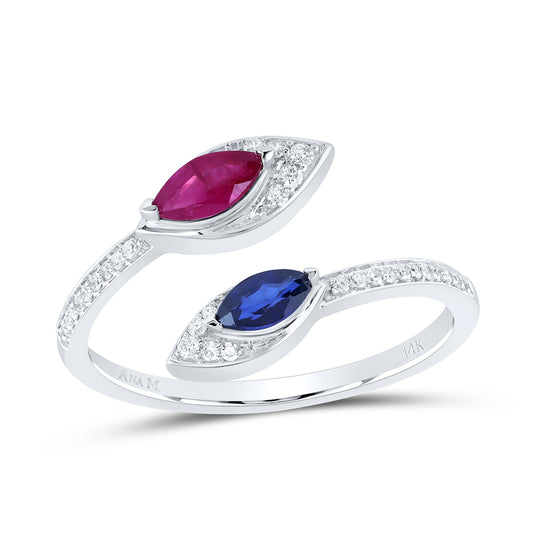 14kt White Gold 1/10 Cttw Diamond Ana M and 1/2 Cttw Mq Blue Sapphire & Ru Natural Wedding Engagement Anniversary Gem Ring, Women Size: 5-9