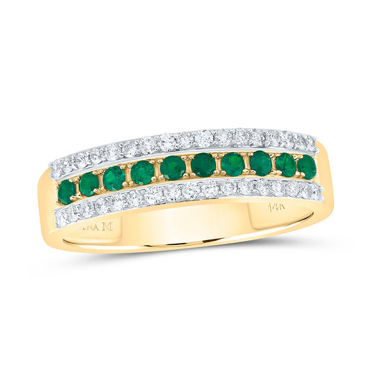 14kt Yellow Gold 1/4 Cttw Diamond Ana M and 1/5 Cttw Round Emerald Natural Wedding Engagement Gem Band, Women Size: 5-9