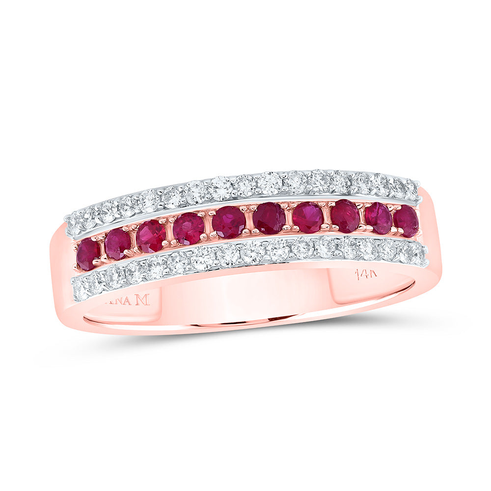 14kt Rose Gold 1/4 Cttw Diamond Ana M and 1/4 Cttw Round Ruby Natural Wedding Engagement Gem Band, Women Size: 5-9
