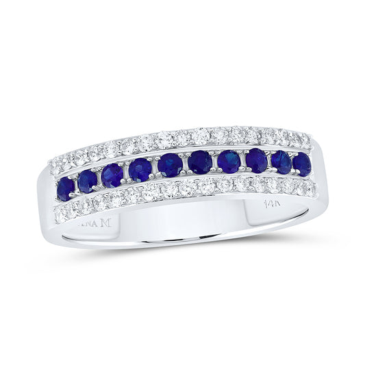 14kt White Gold 1/4 Cttw Diamond Ana M and 1/4 Cttw Round Blue Sapphire Natural Wedding Engagement Gem Band, Women Size: 5-9