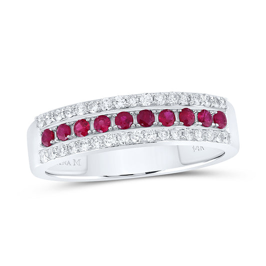 14kt White Gold 1/4 Cttw Diamond Ana M and 1/4 Cttw Round Ruby Natural Wedding Engagement Gem Band, Women Size: 5-9