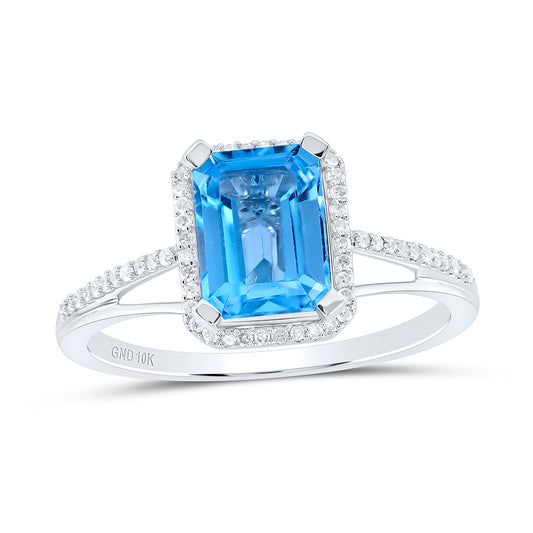 10kt White Gold 1/6 Cttw Diamond 8x6 Mm Emerald - London Blue Topaz Synthetic Wedding Engagement Anniversary Ring, Women Size: 5-9