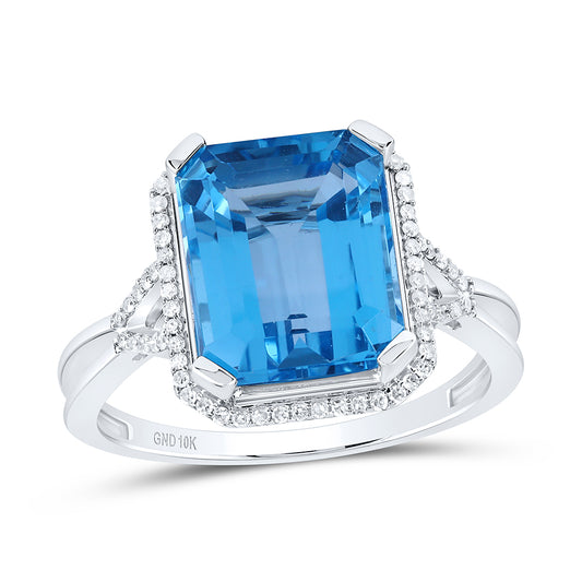 10kt White Gold 1/6 Cttw Diamond 11x9 Mm Emerald - London Blue Topaz Synthetic Wedding Engagement Anniversary Ring, Women Size: 5-9