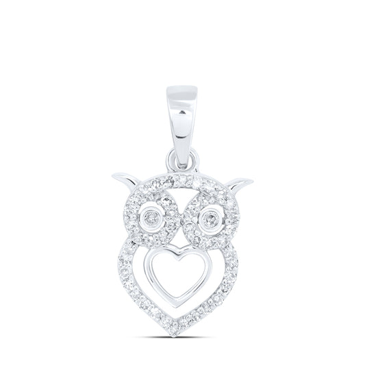 10kt White Gold 1/8 Cttw Diamond Heart Owl Pendant