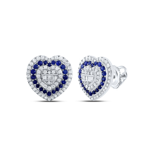 10kt White Gold 3/4 Cttw Diamond 5/8 Cttw Round Sapphire Natural Gem Heart Stud Earring