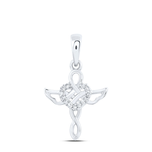 10kt White Gold 1/20 Cttw Diamond Heart Cross Pendant